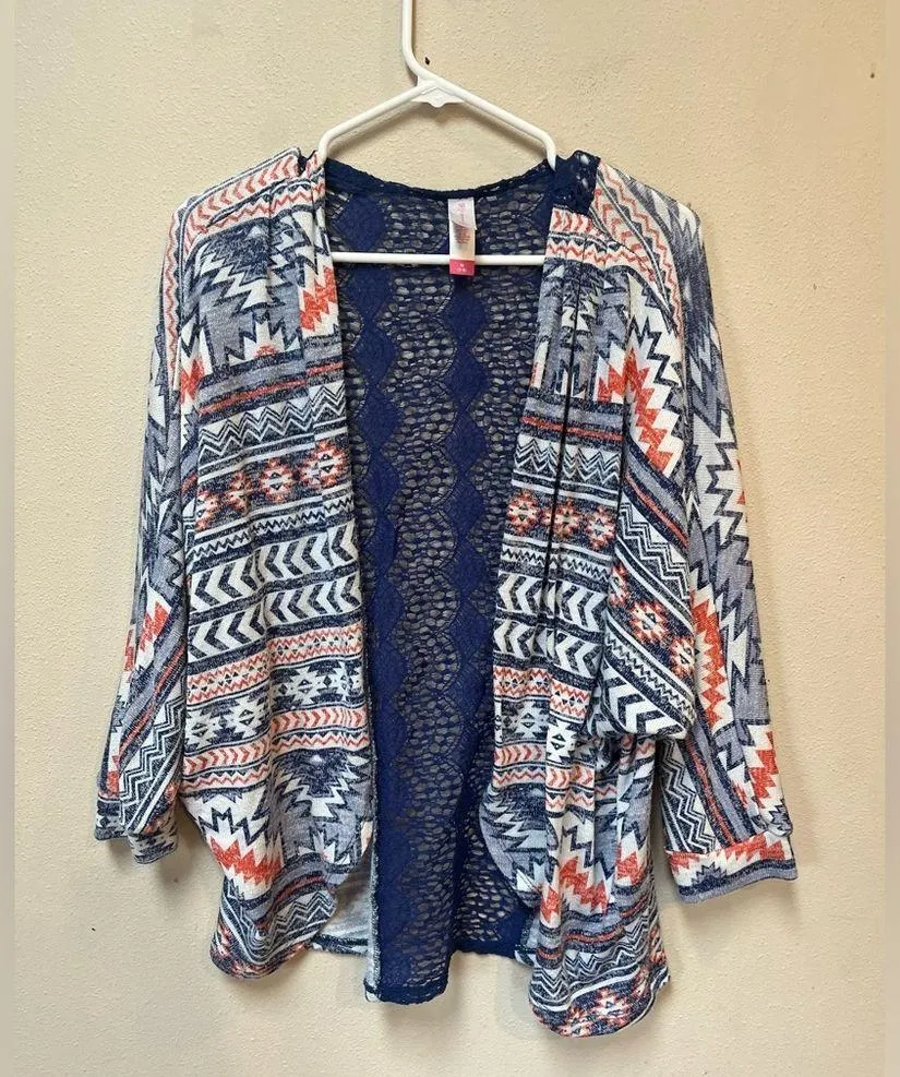 No Boundaries Juniors Navy Blue Coral Aztec Crochet Back Boho Sweater Cardigan M - Image 10