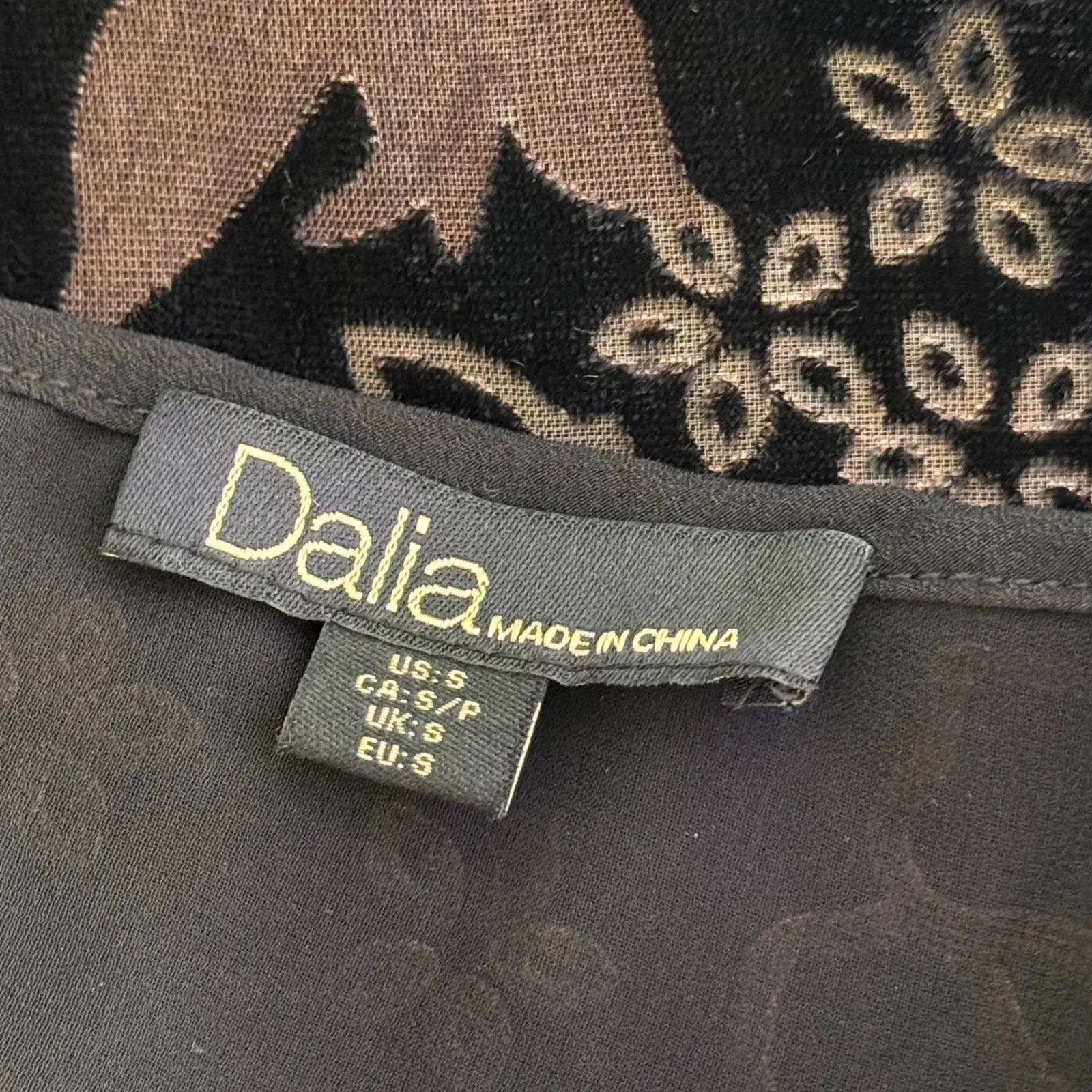 Dalia Velvet Burnout Dark Floral Bell Sleeve Top Size S Fairy Whimsigoth BOHO Black - Image 2