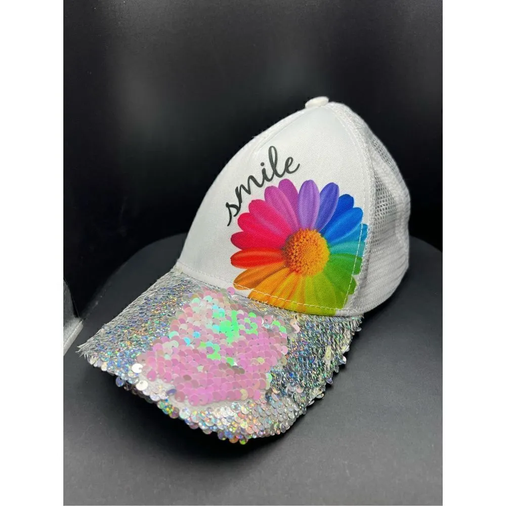 Claire's Flippy Sequin Silver White Rainbow Daisy Hat One Size Fits Most - Image 2
