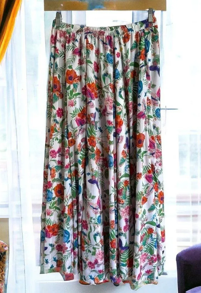 Cupio Womens Skirt Sz M White Floral Colorful Butterflies Flowers Silky Maxi NEW - Image 3