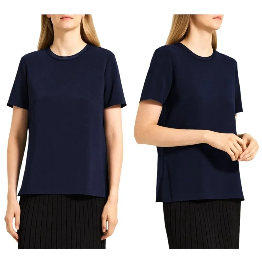 Theory Shirt Women Large Navy Blue Short Sleeve‎ Drapey Viscose Easy Tee Preppy - Image 2