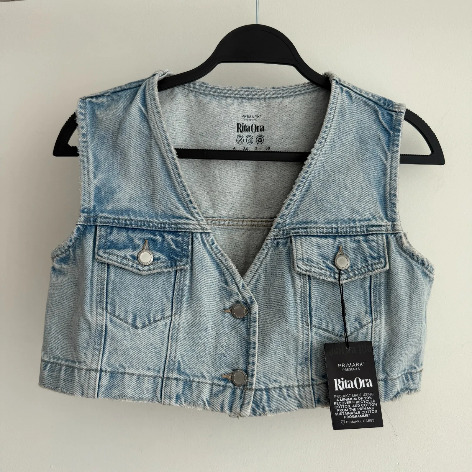 Rita Ora x Primark Denim Vest Womens 2 Cropped Sleeveless Top Festival boho Y2K - Image 5