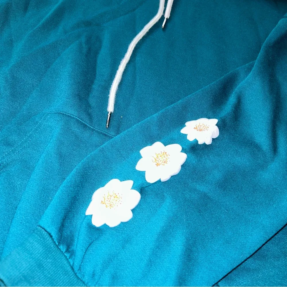 Aqua Teal Blue Shein Hoodie White Floral Design Women’s Size Large Jacket Coat! - Image 4