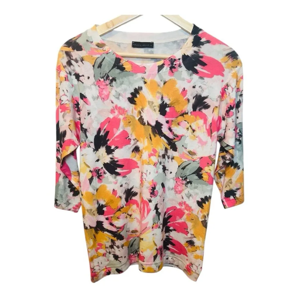 Nally And Millie Abstract Floral Top Size Small 3/4 Sleeves USA Soft Knit Crew Pink - Image 3