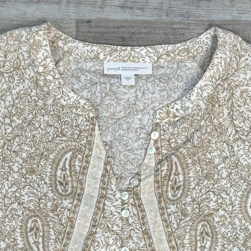 J Jill Pure Jill beige paisley floral 3/4 sleeve top button detail size large Q8 - Image 6