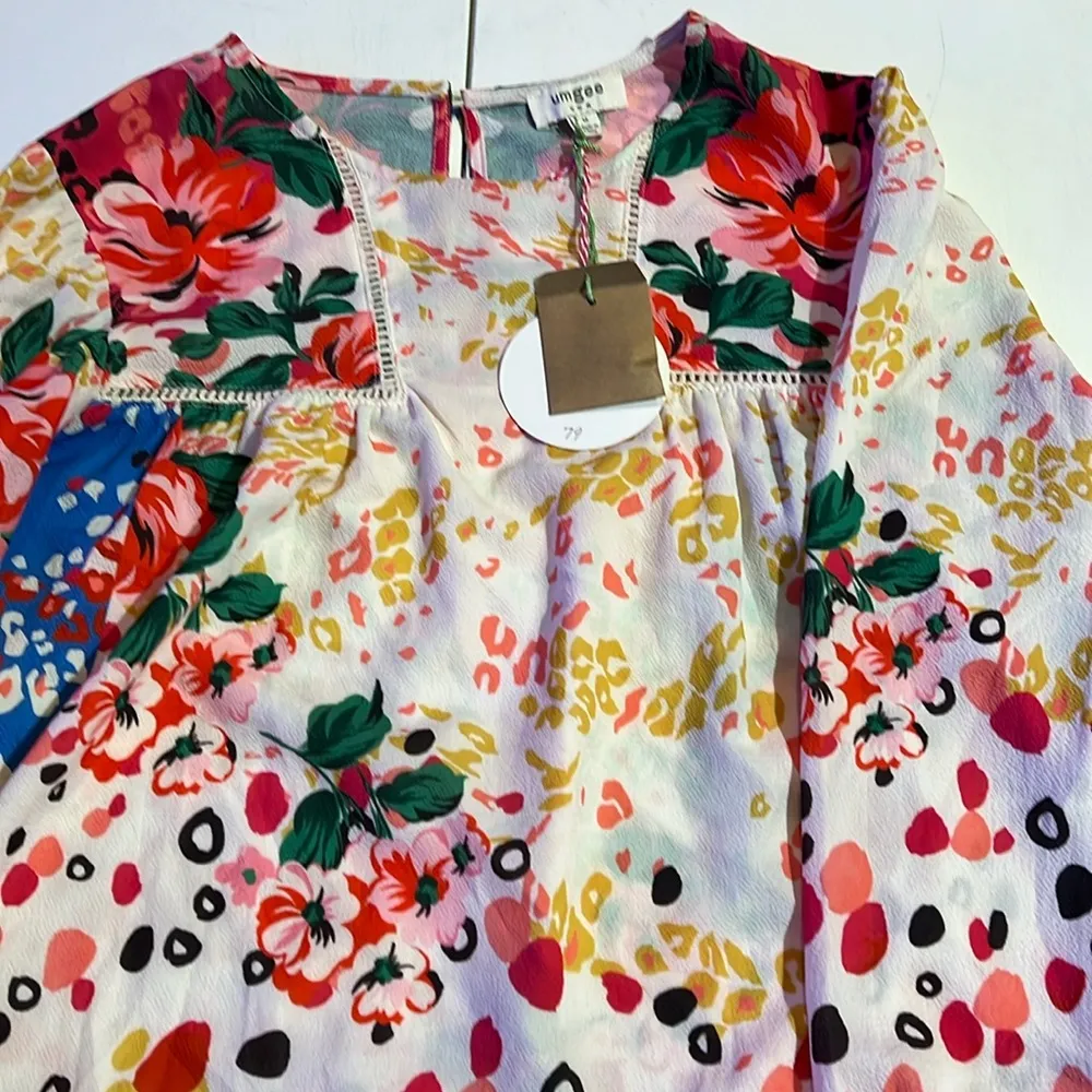 Umgee Tunic Dress Womens M Creme Blue 3/4 Sleeve Ruffle Floral Bohemian New - Image 2