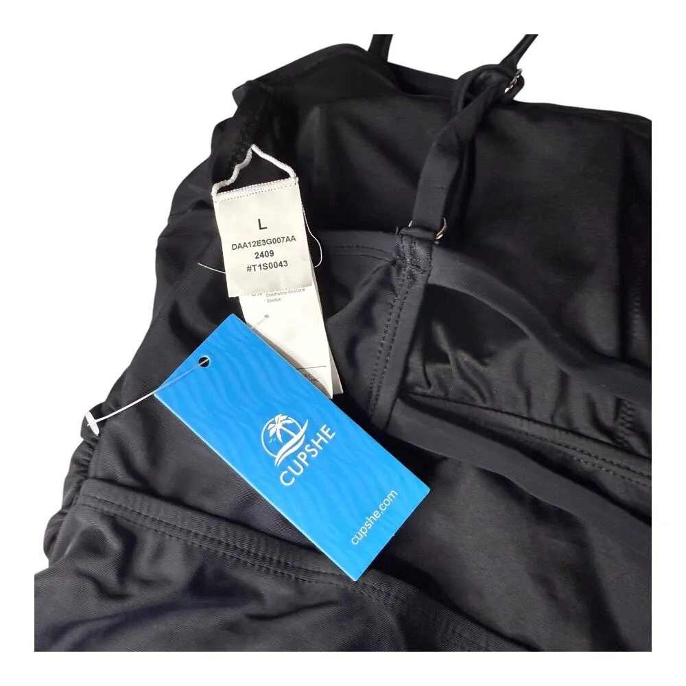 NEW Women's LG CUPSHE SWIMSUIT One Piece Black Strappy Back Rushed Detail NWT - Image 8