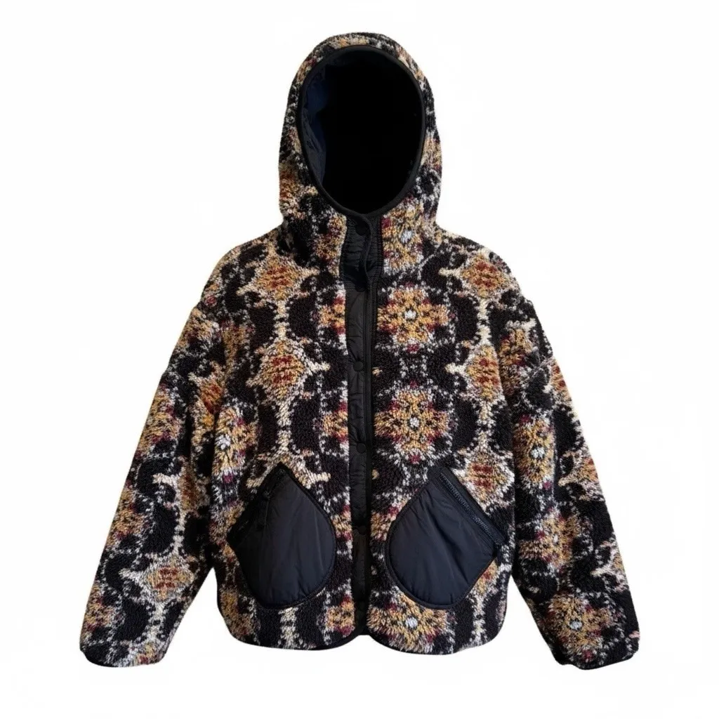 Free People Movement Elevation Jacquard Reversible FleeceJacket Hood Black S NWT - Image 3