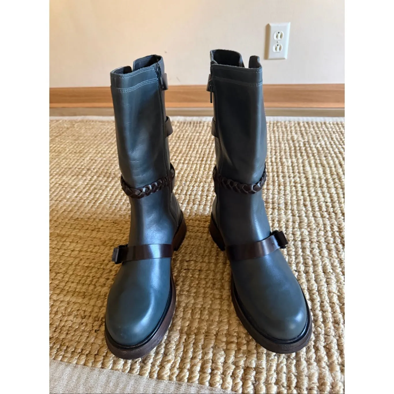 Free People Leather Moto Boots Teal Blue Green Buckle Mid Calf Size 10 - Image 2