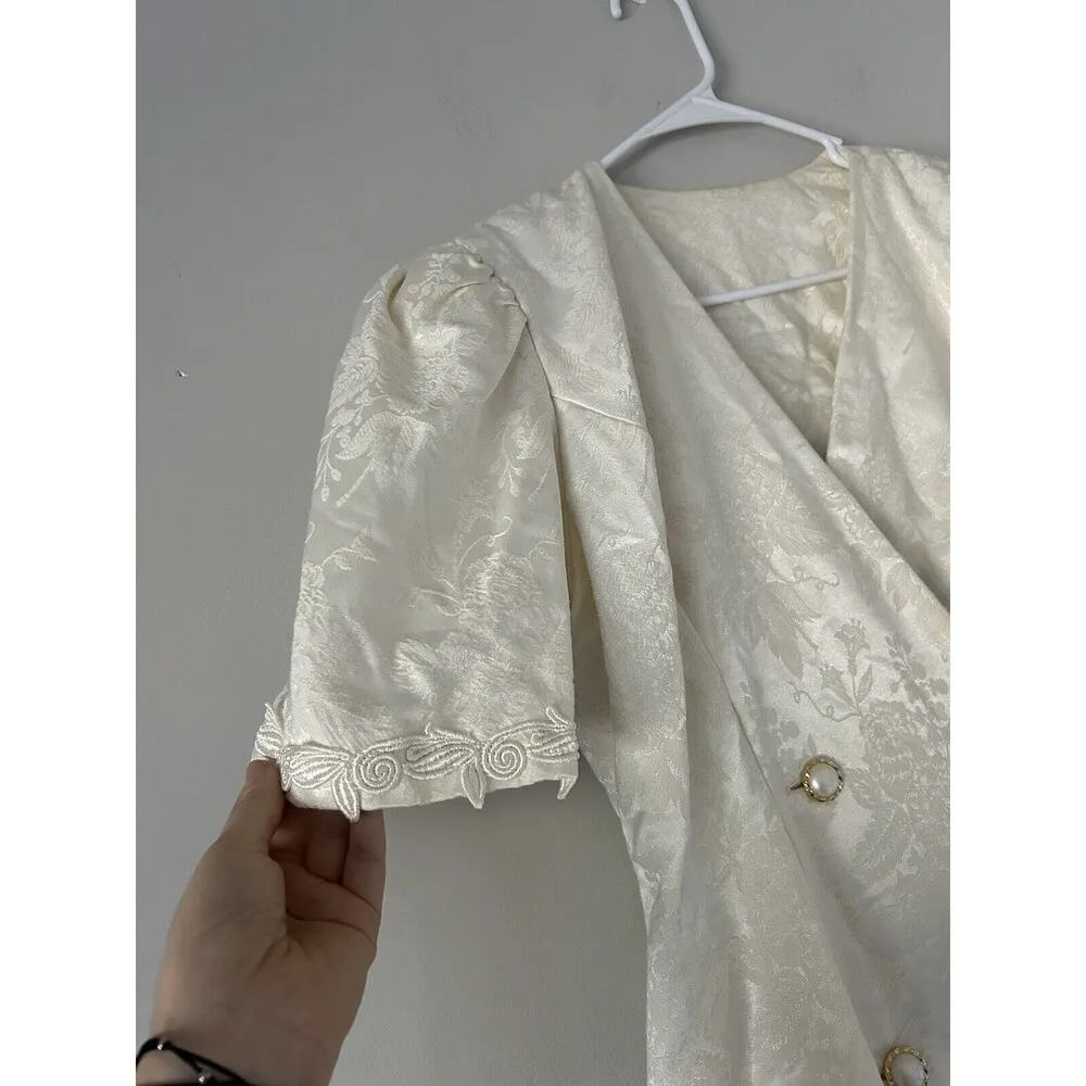 Vintage White Floral Midi Dress With Gold Button Details Size M - Image 5