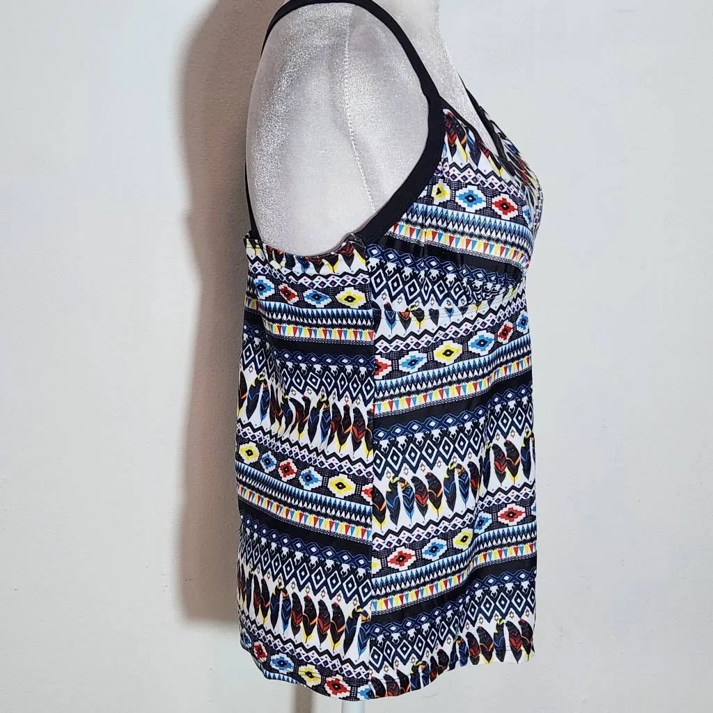 Yonique Feather Print Boho Tankini Top NWT Size Medium Aztec Print Tankini Blue - Image 4
