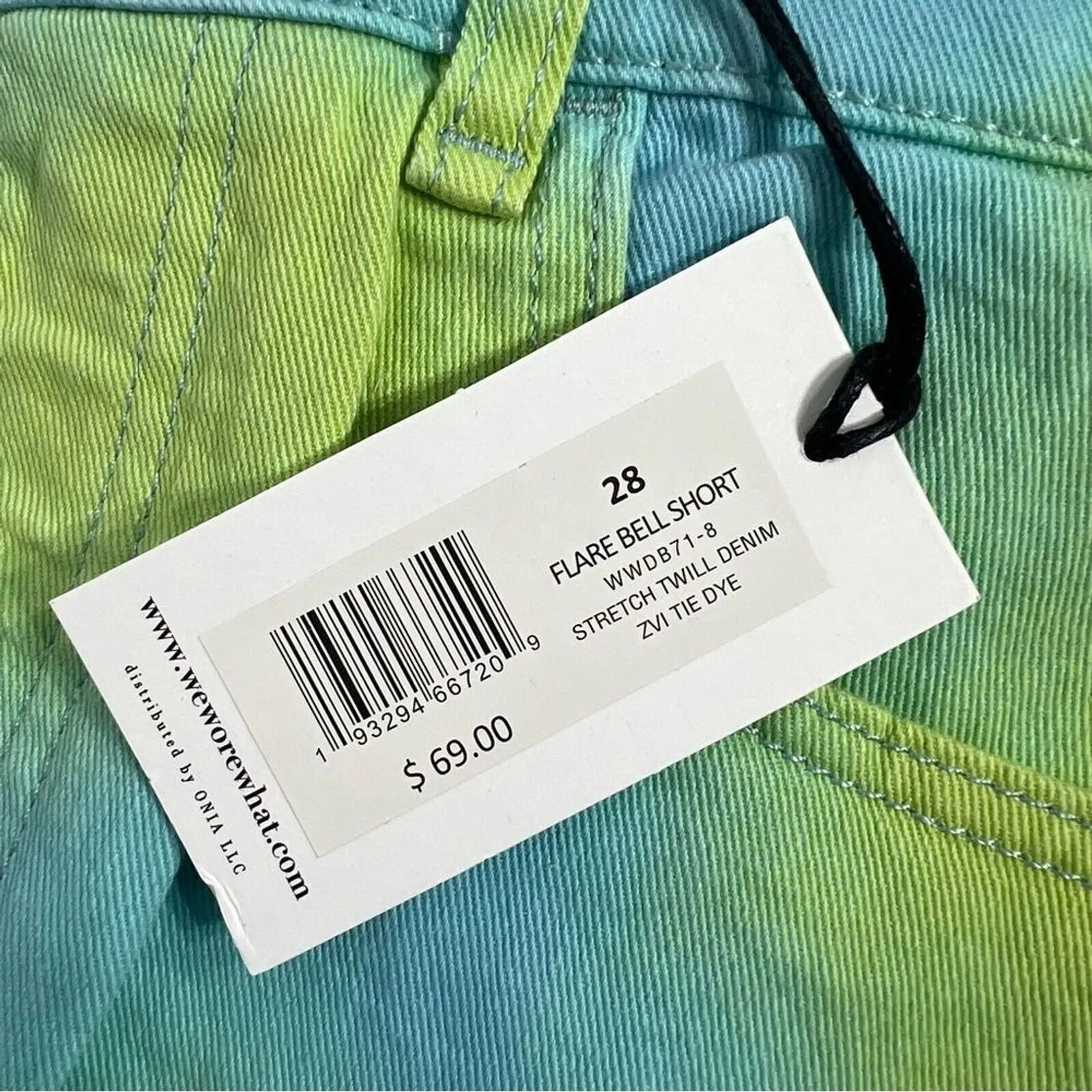 WEWOREWHAT Flare Bell Shorts in Green/Blue Tie-Dye Stretch Twill Denim Sz 28 NWT - Image 4