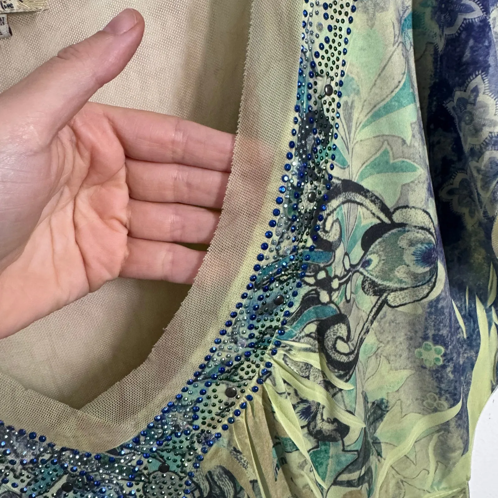 One World Top Women M Lime Green Mesh Sheer Back Bling Sparkly Fairy Y2K Babydol - Image 5