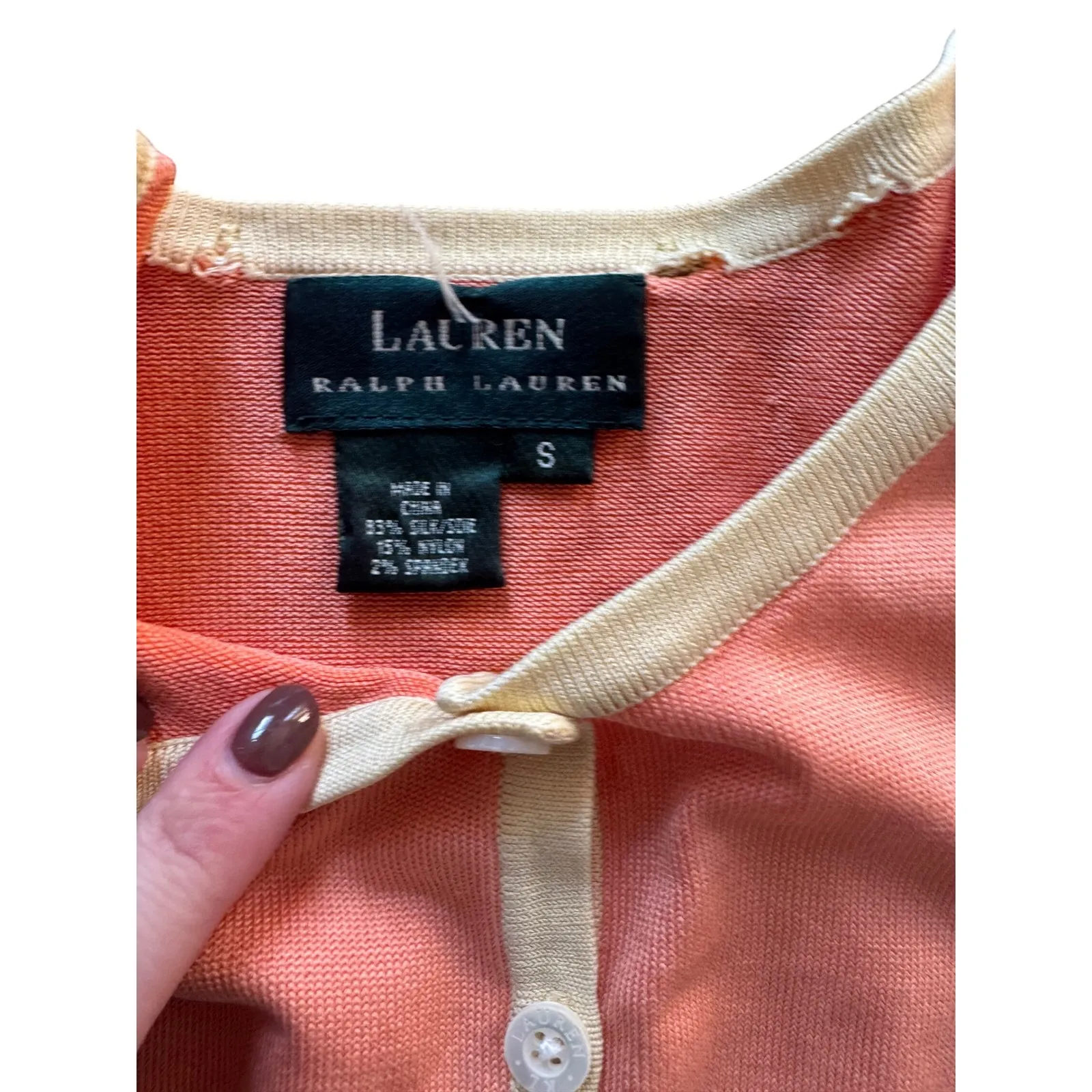Lauren Ralph Lauren Peach Knit Cardigan Sweater Button Down Silk Blend Size S - Image 3