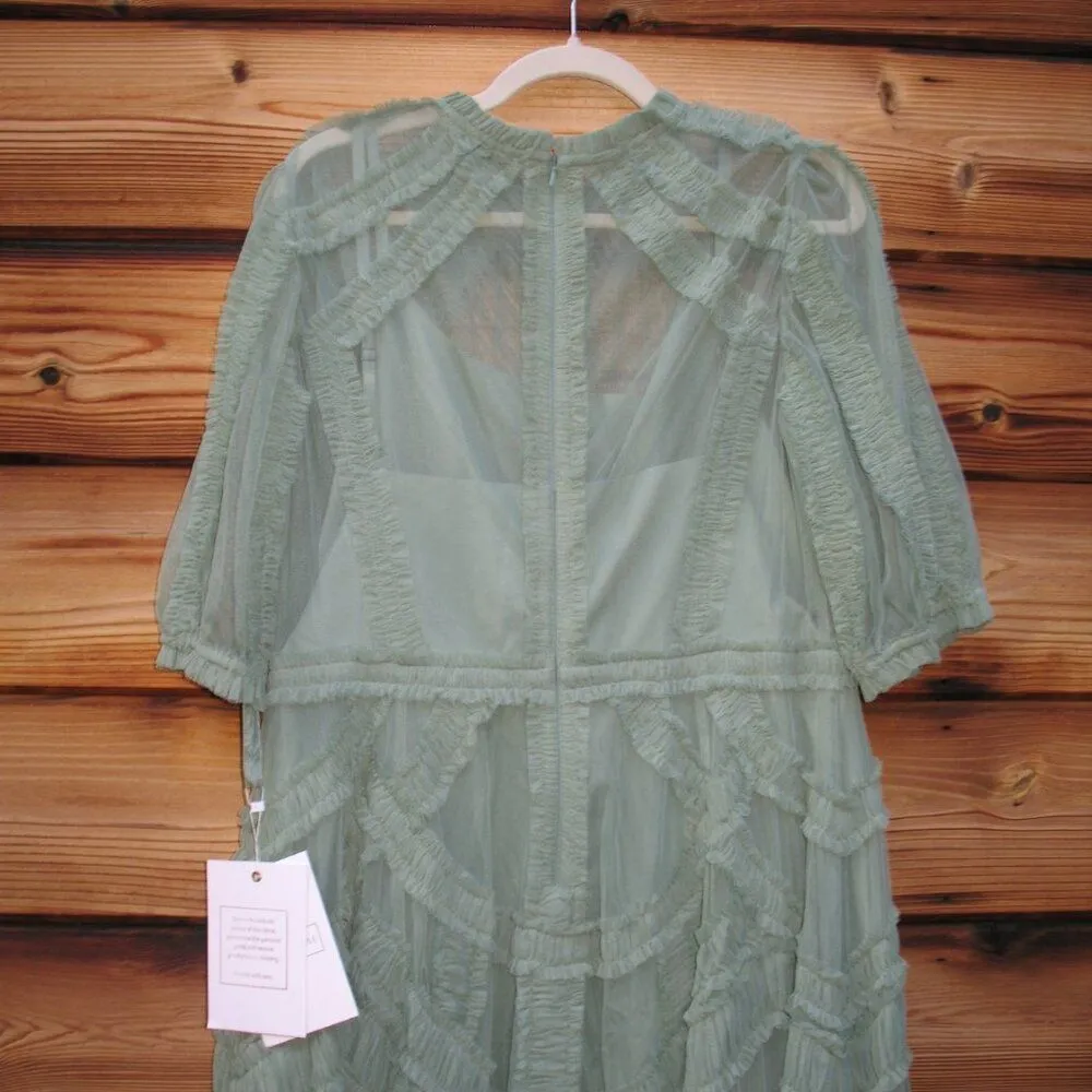 MAC DUGGAL 8058 Green High Neck Micro Ruffle Tiered Midi Dress - Image 12