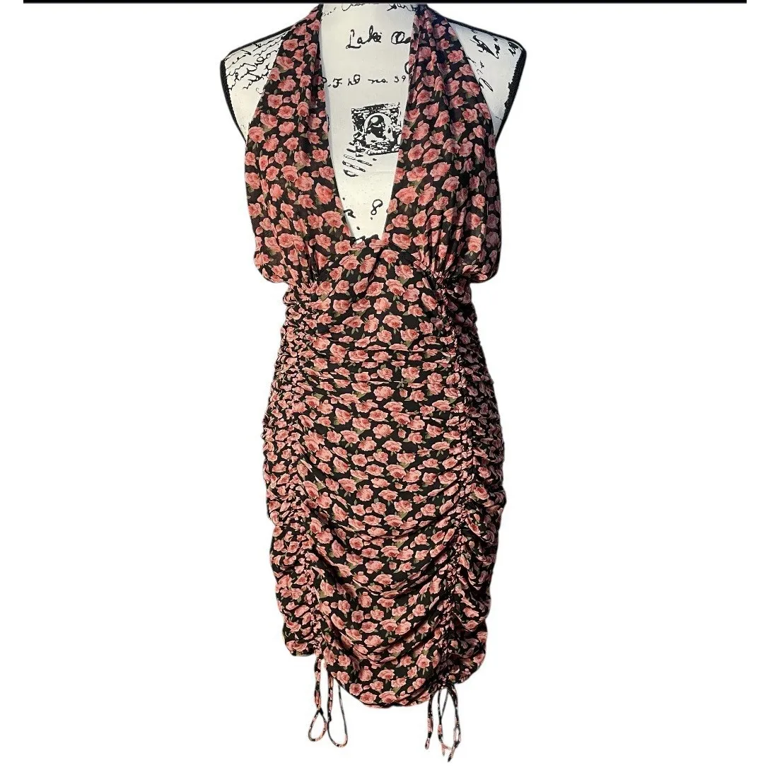 Kiss The Sky Rose Floral Print Halter Dress Ruched Bodycon Mini Size Large‎ NYE - Image 2