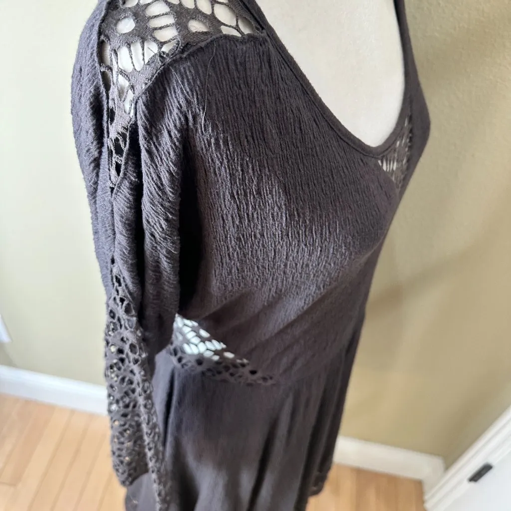 FREE PEOPLE Vintage Lace Cut Out Knit Dress Size Medium / Large Brown - Image 11