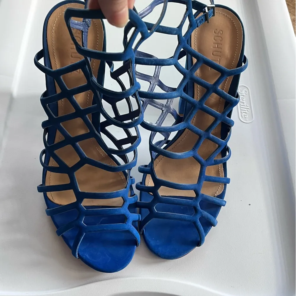 Schutz Azure Blue Jaden Cage Block Heel Nubuck Sandals Women’s 10M - Image 5