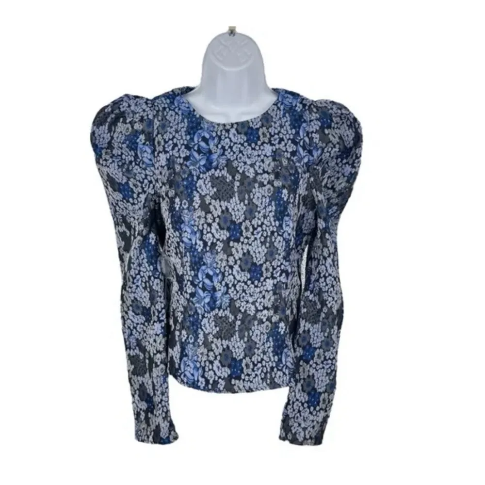 Hyacinth House Priscilla Puff Sleeve Top XS NWT Blue Jacquard Floral Blouse - Image 3