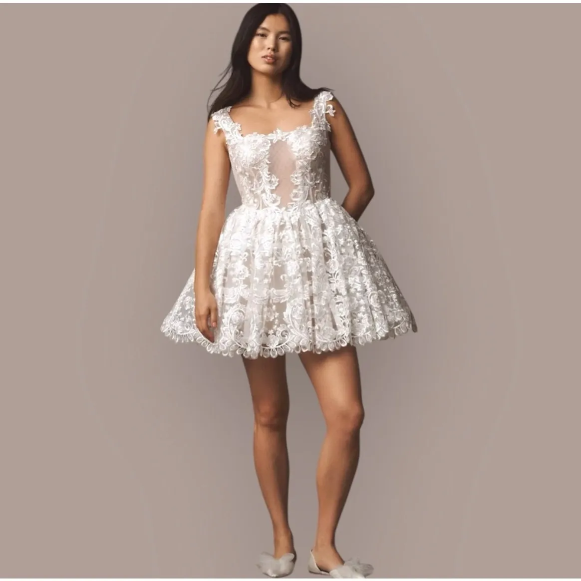 BHLDN NWT White Lace Square Neck Bridal Mini Dress Structured Skirt Size 6 - Image 12