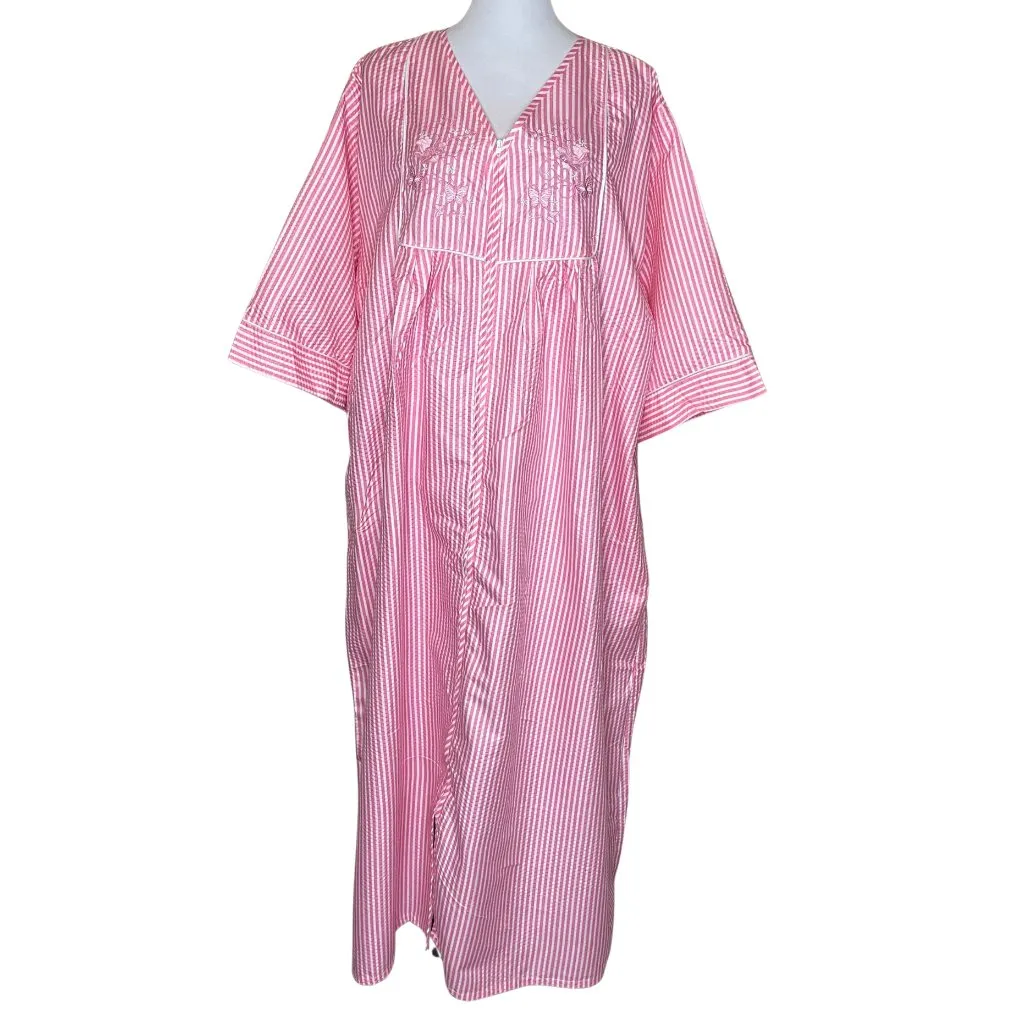 Casual Nights Plus Sz 3X Zip Front Seersucker Nightgown Pink White Striped Maxi - Image 2