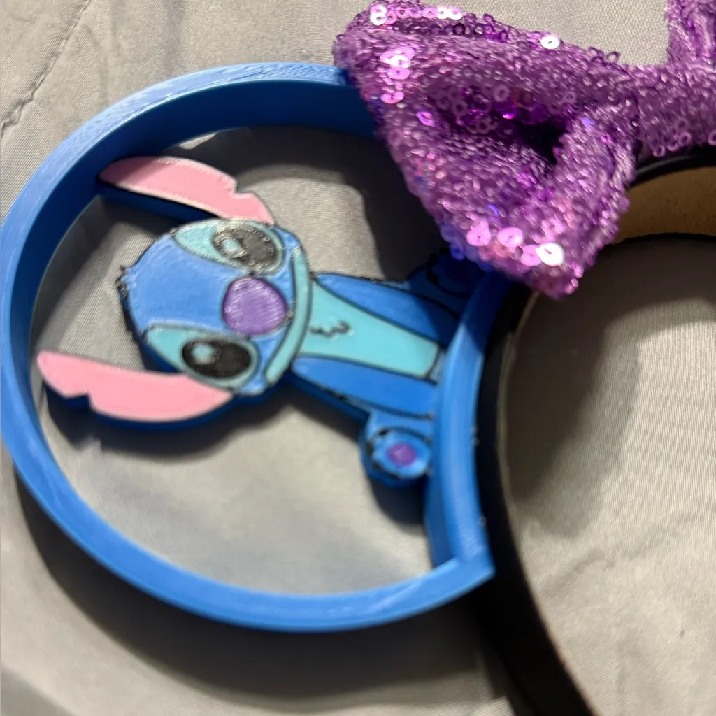 Stitch 3D Themed Mouse Ears Headband with Purple Sequin Bow Blue - Image 2