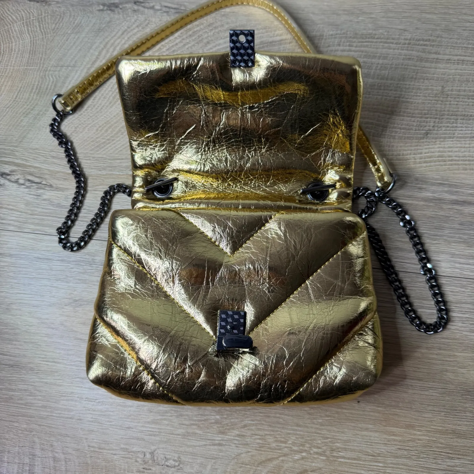 ZARA Gold Metallic Quilted Puffer Shoulder Bag Y2K Space Age Party Club Disco - Image 2