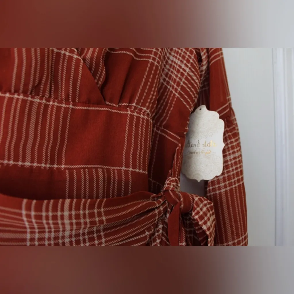 Altar’d State | Livorna Plaid Mini Wrap Dress in Rustic Orange Red - Image 3