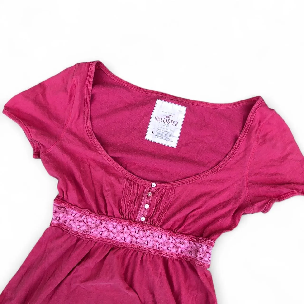 RARE Vintage Y2K Hollister Fairy Pink Lace Waist Button Babydoll Top Blouse Shirt Preppy Short Sleeve 2000s Bella Swan Twilight Size XS - Image 2