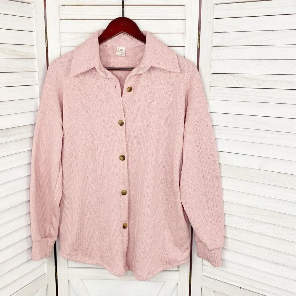7th Ray‎ Cable Knit Button Front Shirt Jacket Shacket Pink Small - Image 10