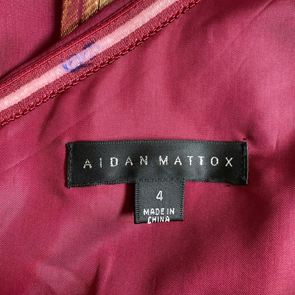 Aidan Mattox  Burgundy & Gold One Shoulder Silk Mini Dress - Image 6