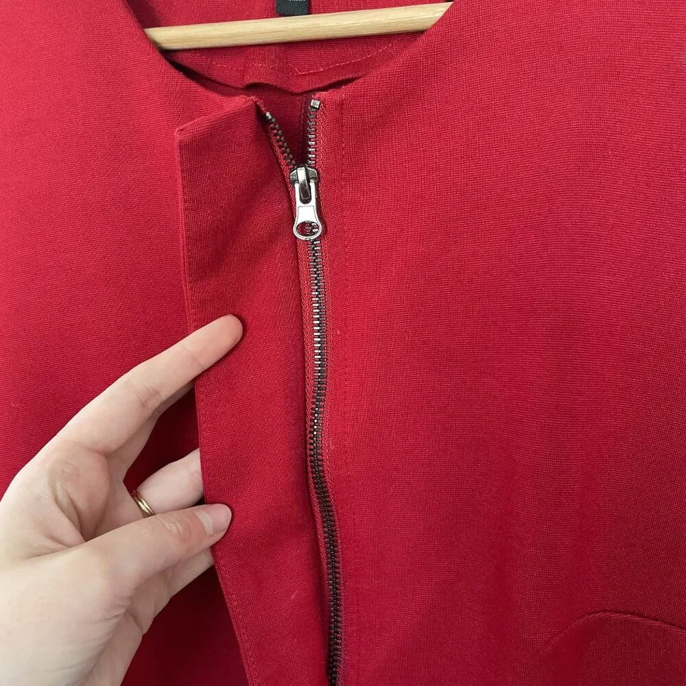 Eloquii Red Long Sleeve Ruffle Detail Knee-Length Jacket With Front Zipper Closu - Image 4