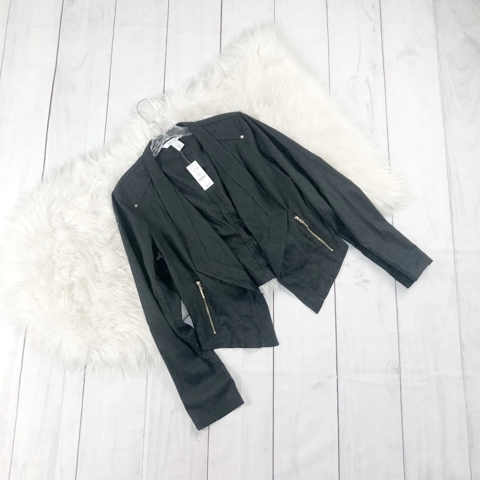 WHBM Black Linen Motorcycle Light shoulder Padding Jacket Size‎ 8 NEW - Image 3