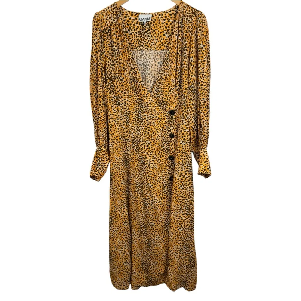 Ganni Wrap-effect Yellow Leopard Print Crepe Buttoned Midi Dress Long Sleeve 42 - Image 8