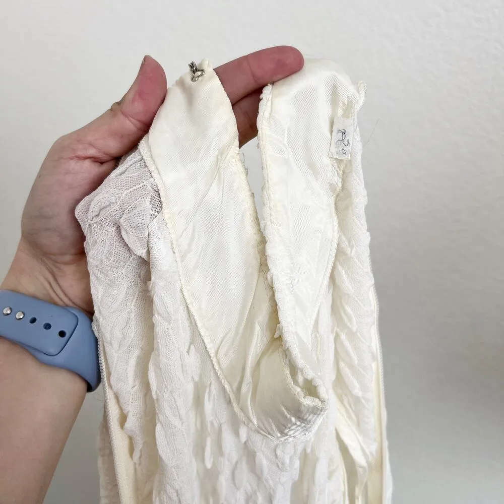 [Vintage] 60s 70s Cream Mock Neck Groovy Floral Print Bow Maxi Dress Sz Medium M Green - Image 11