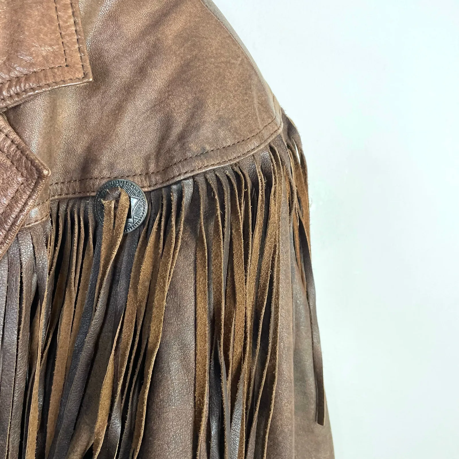 Vintage 80s Western Leather Jacket Fringe Laced Brown Boho Rodeo Cowboy Biker L Size L - Image 3