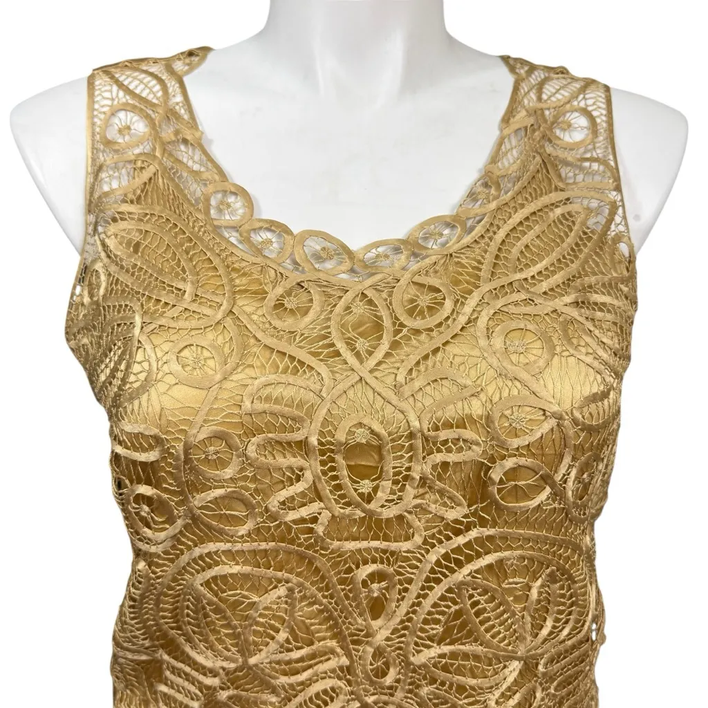 Soulmates 100% Silk Lace Overlay Tank Top Large Gold Sleeveless Evening Blouse - Image 2