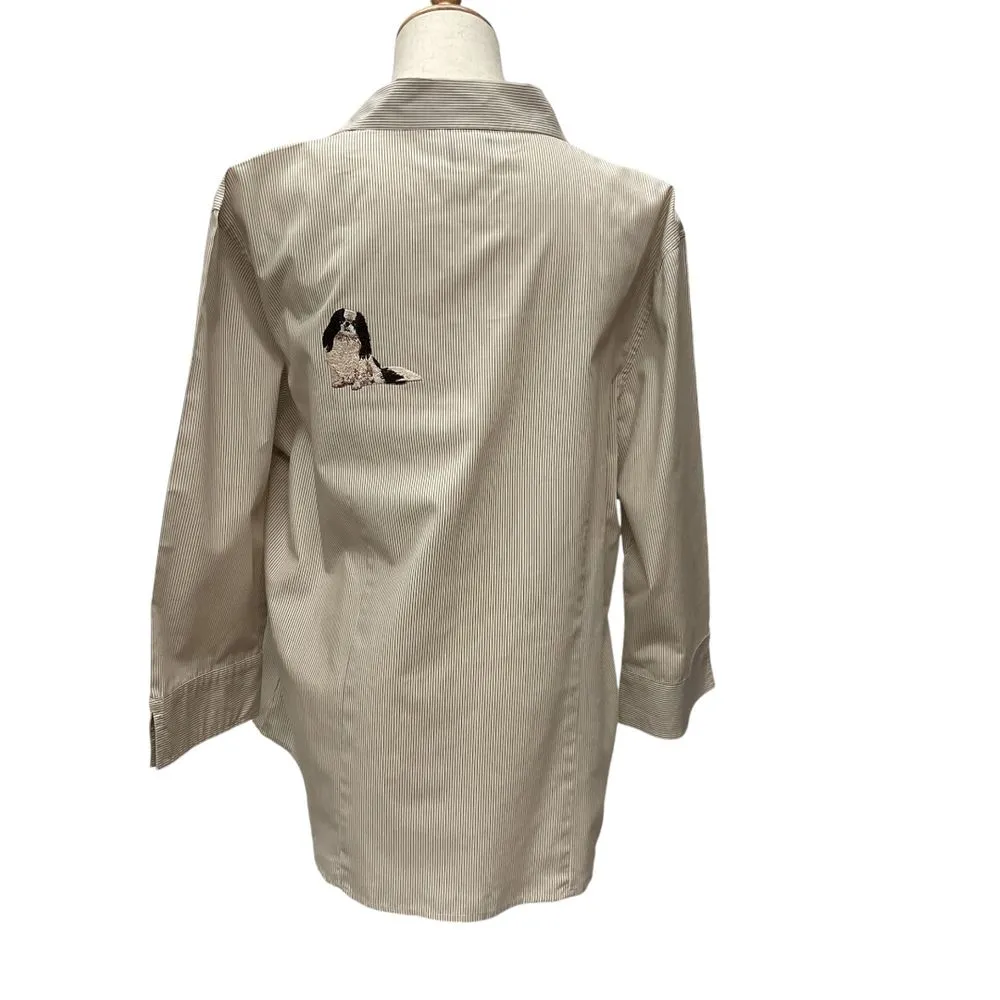 H&J Women's Embroidered Dog Striped Button Down Shirt Long Sleeve Sz‎ XL Pug Pup - Image 3