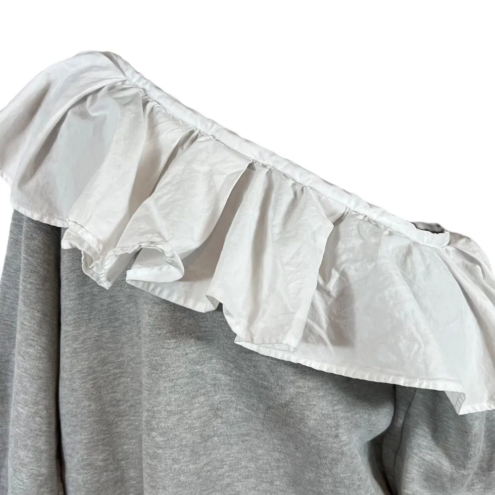 CLU One Shoulder Ruffled Sweatshirt In Heather Gray/White Gray - Image 3