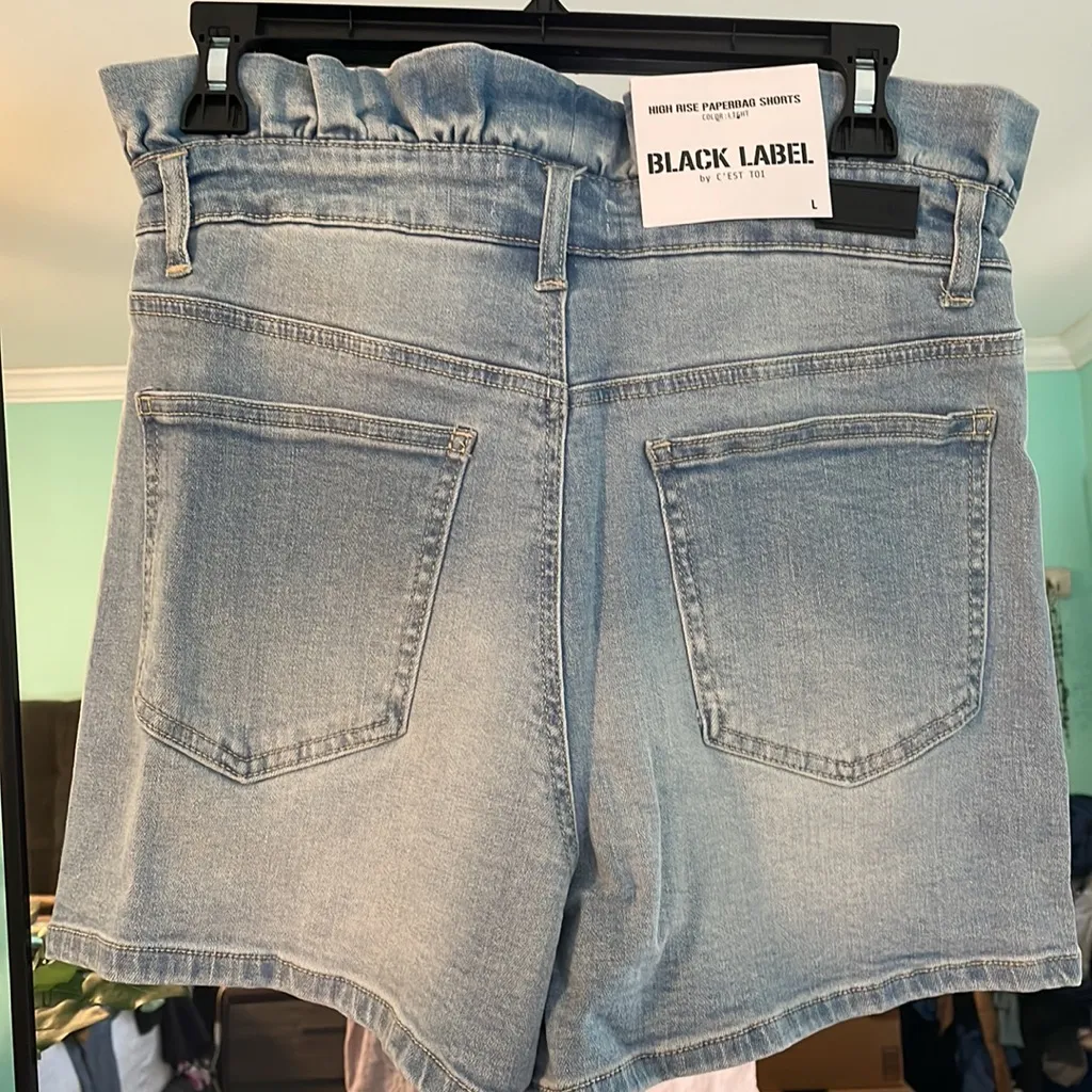 Black Label High Rise Paperbag Shorts Light‎ Wash Tie Waist Denim Womens Large - Image 6