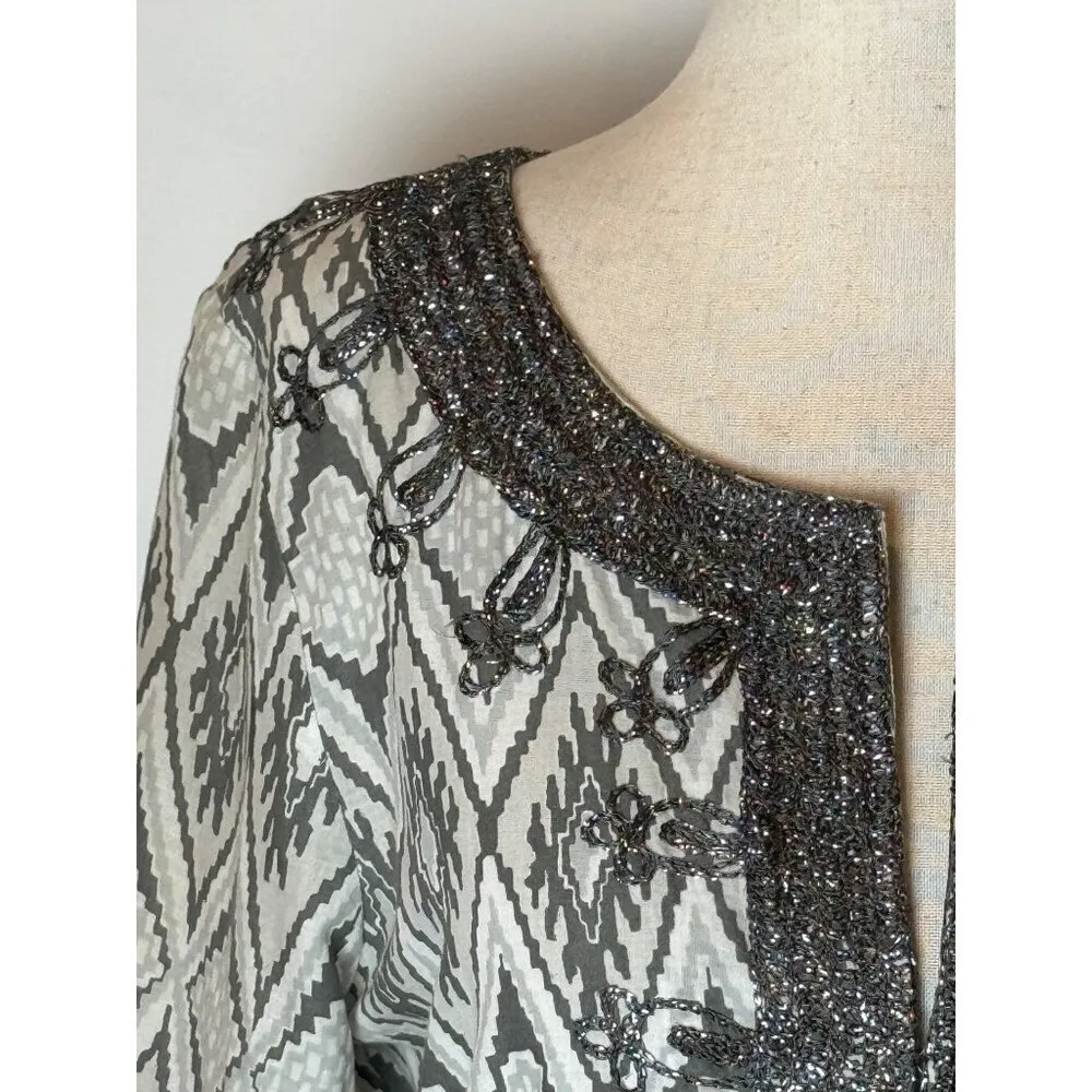 Calypso St Barth‎ Shirt Women Small Ivory Brown Metallic Thread Ikat Print Tunic - Image 8