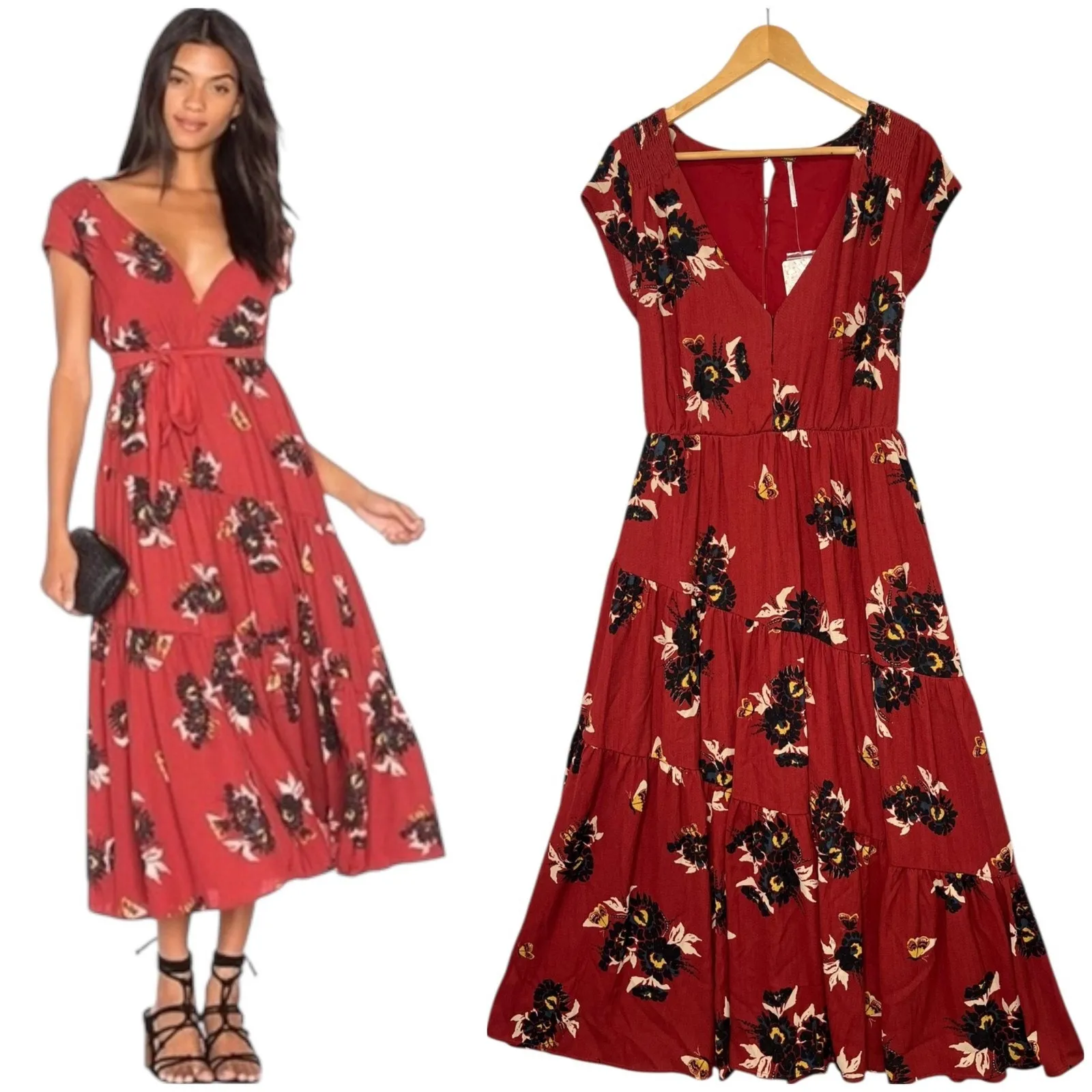 Free People Dress Womens 10 Red Floral Tiered V Neck Belted Maxi Boho - Image 2