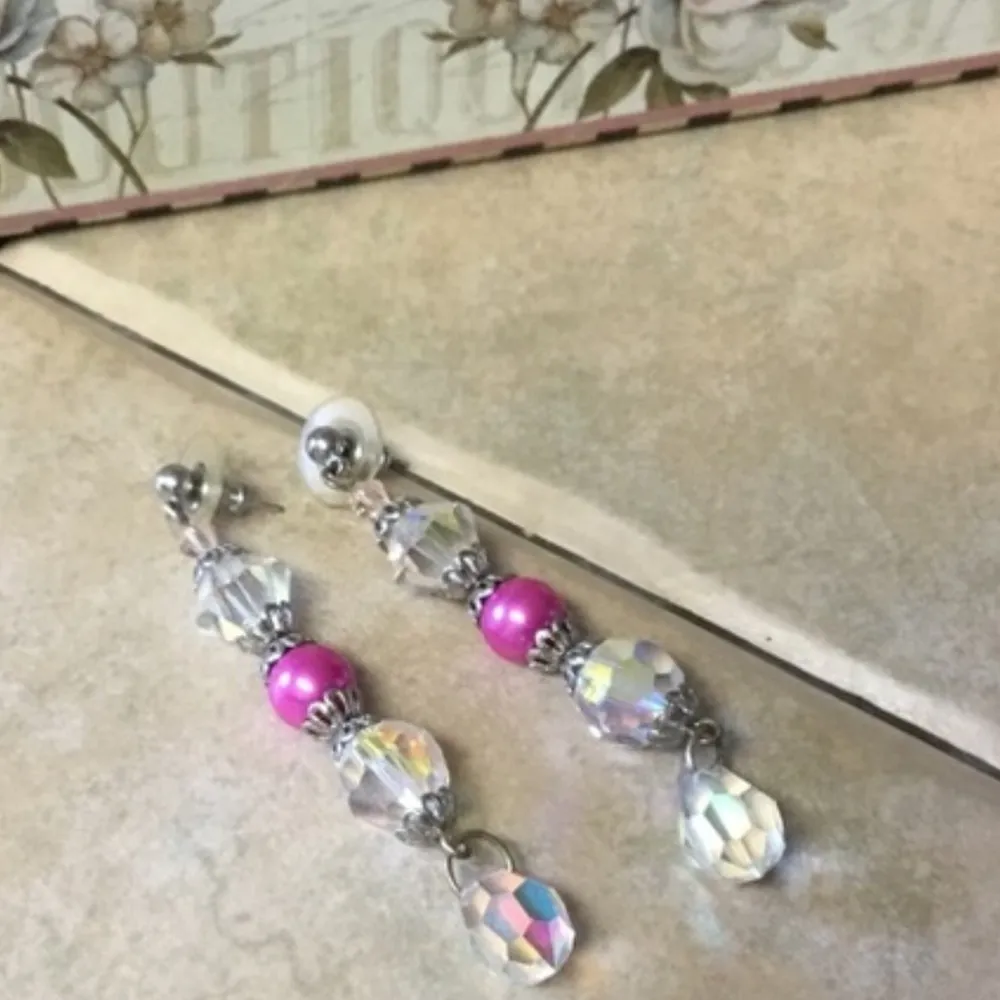 Iridescent Crystal & Pink Bead Earrings 2.5” - Image 3