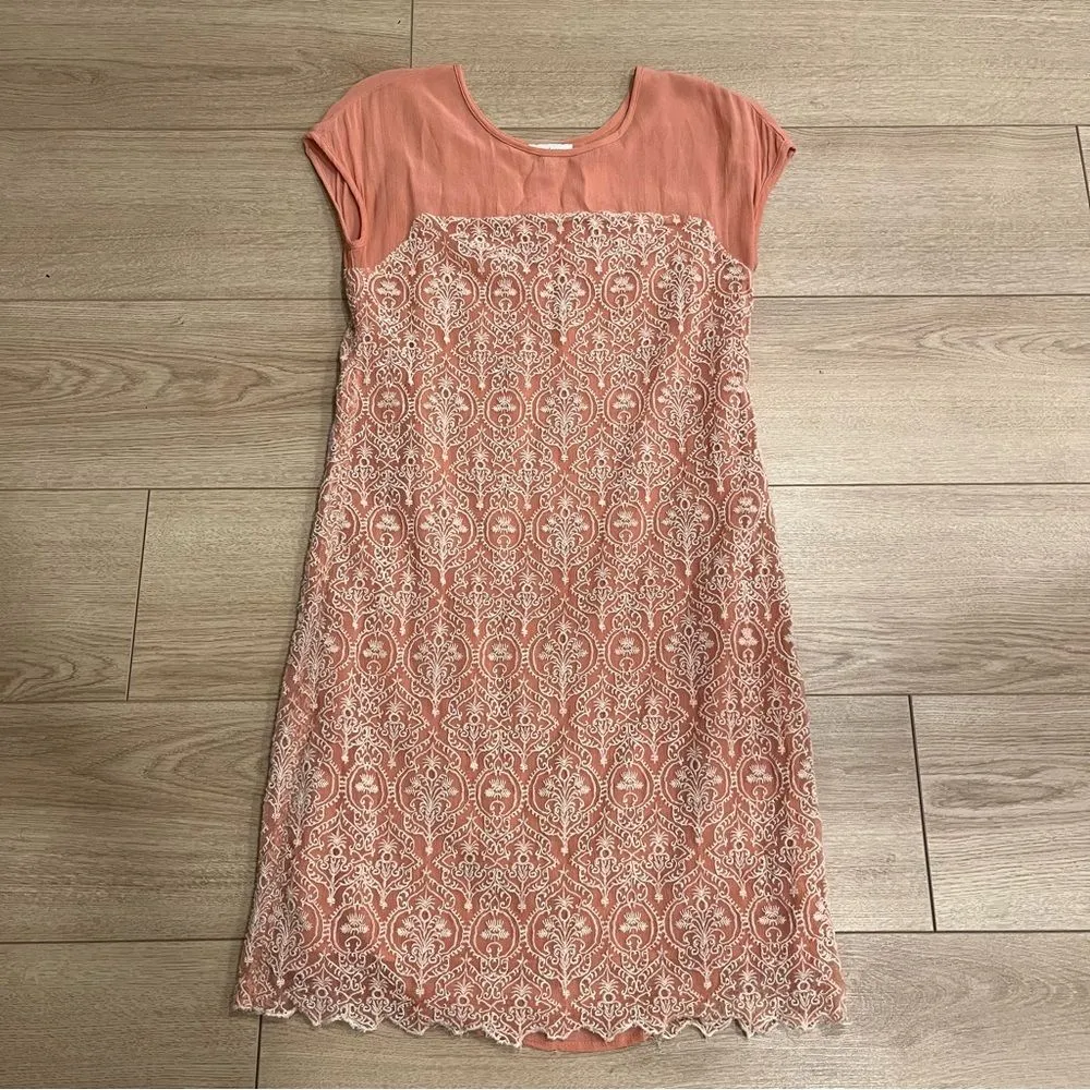 Sundance Rose Palace Cupro Lace Peach Cap Sleeve Shift Dress Size S - Image 3