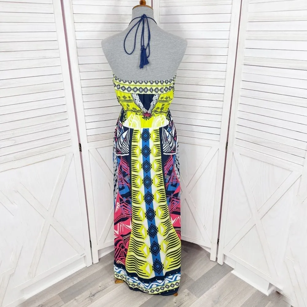 Alya Tribal Print Beaded Maxi Halter Dress Neon Yellow Multicolor Small‎ - Image 4
