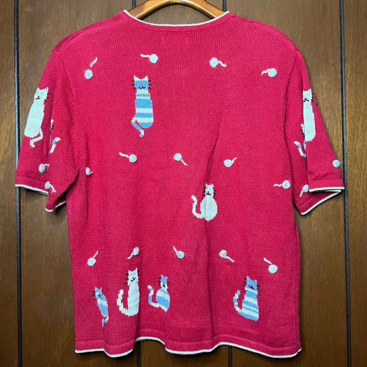 Knit Cats Sweater Button Up Short Sleeves ( Large ) Yarn Kitten Hand Embroidered - Image 5