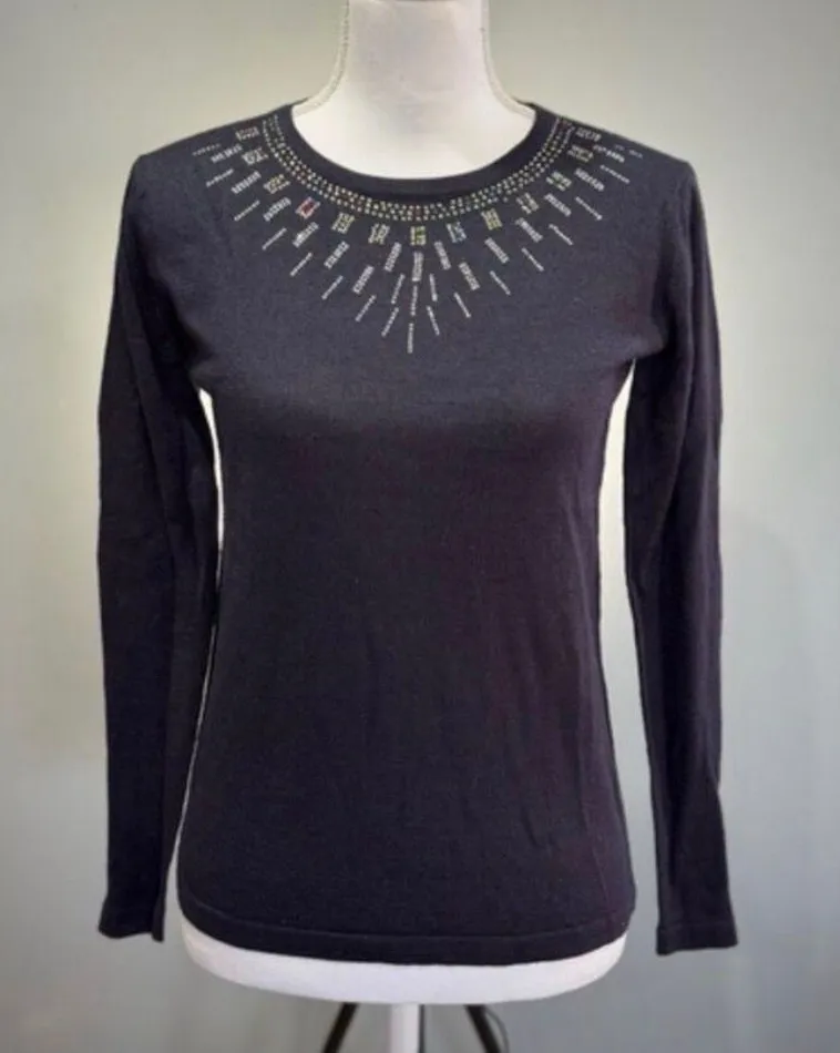 SALE! Navy Vintage Rhinestone Neckline Lightweight Sweater Size S VGUC Blue - Image 1
