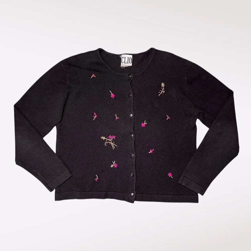 Black Floral Embroidered Button Front Cardigan Sweater Small - Image 8