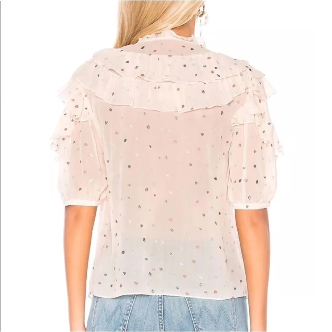 Rebecca Taylor Ruffle Gem Dot Silk Blouse Sheer Pink Metallic - Size 12 - Image 2