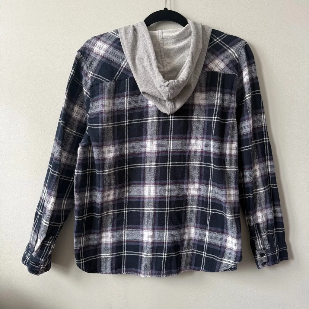 Polly & Esther Plaid Hooded Flannel Shirt in Blue and Gray Size L Juniors - Image 8